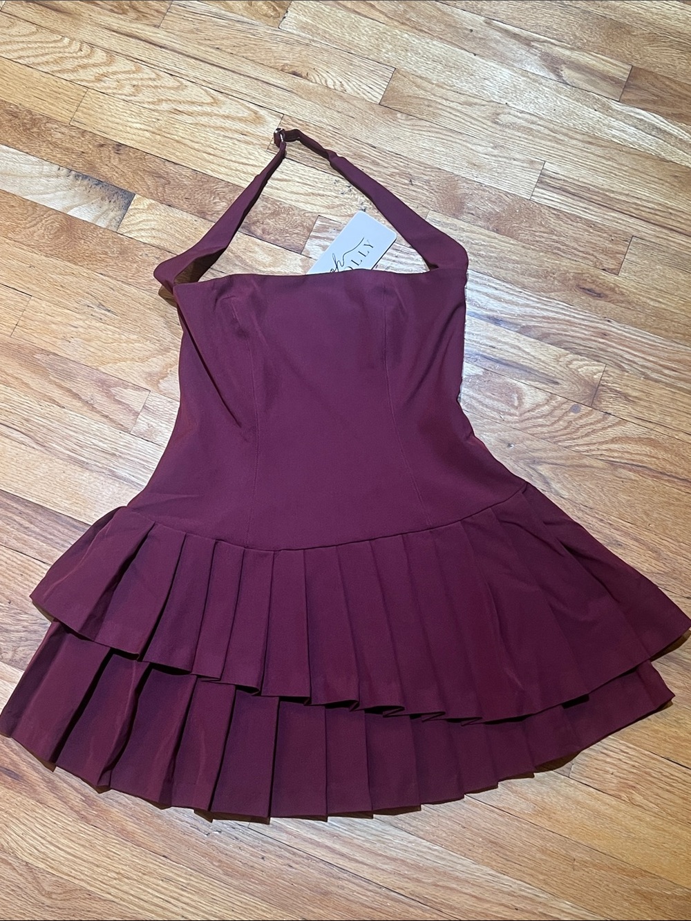 Oh Polly Strapless Pleated Mini Dress in Burgundy